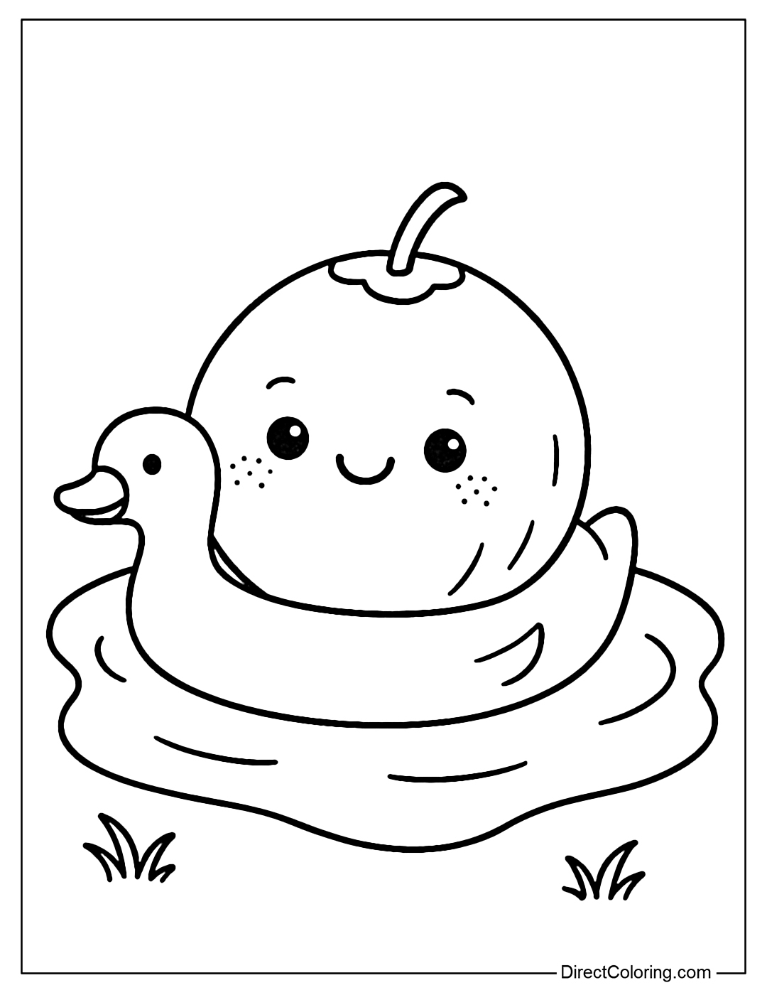 Coconut coloring page floating on a duck-shaped float, in the middle of a small lake around.